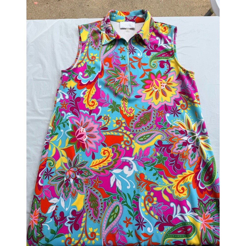 Cappagallo XL Paisley Shift Dress Sleeveless Quarter Zip Resort Wear Floral